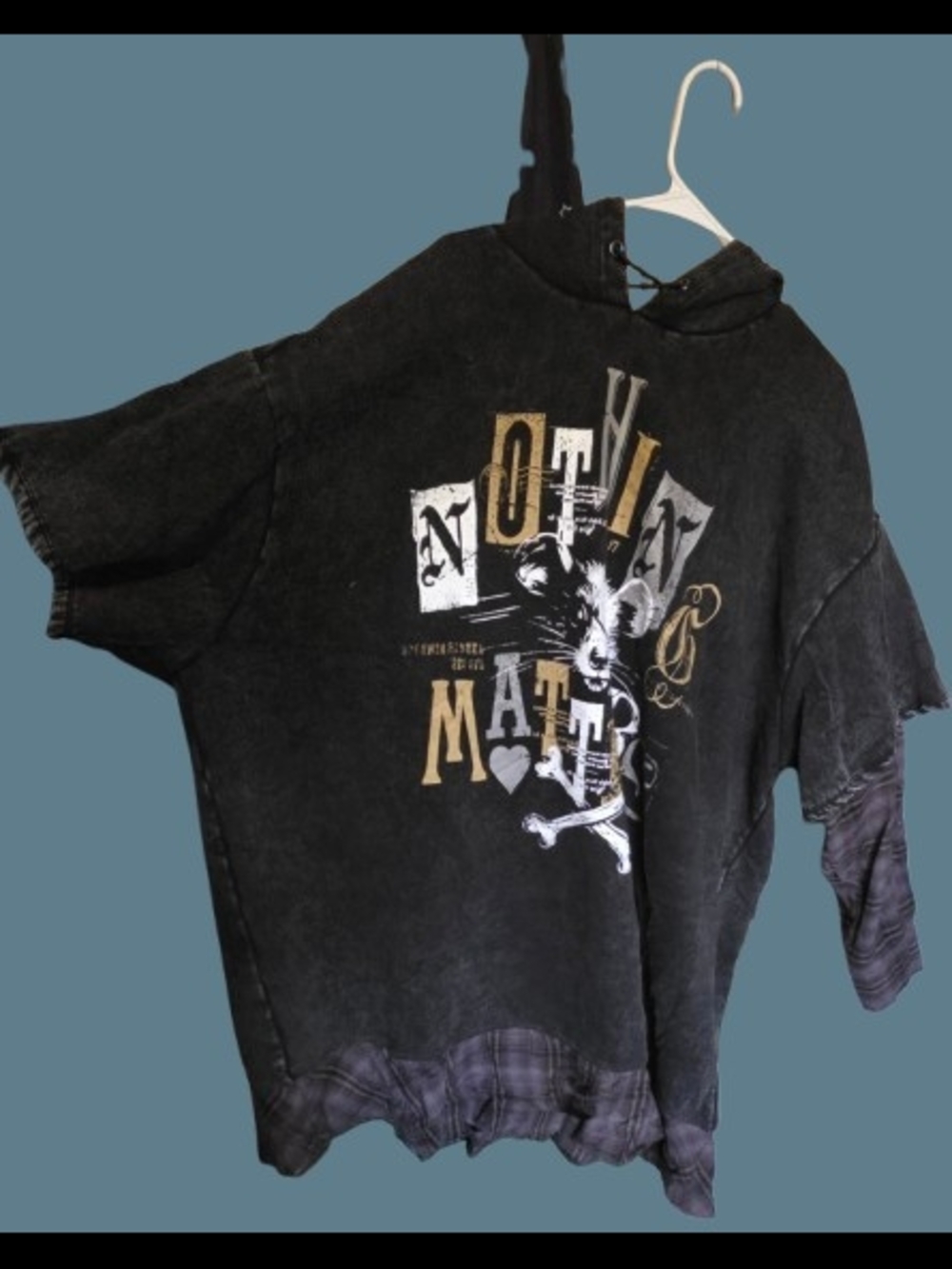 Black Graphic Hoodie with Plaid Trim